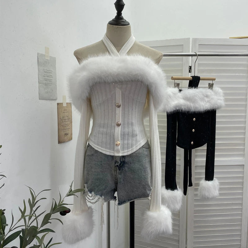 Spring New Detachable Fur Collar Lace-Up Halter Neck Off-Shoulder Knit Sweater For Women Slim Fit Short Top 11A07918
