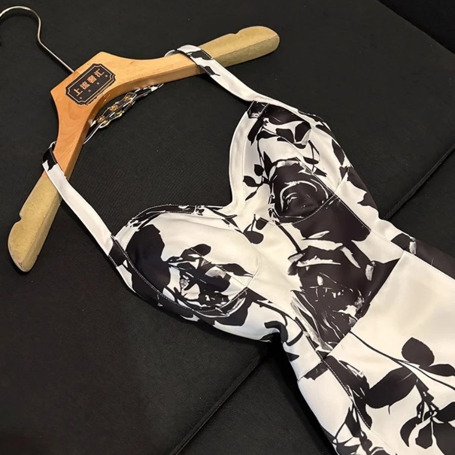 Hit Color Slimming Spliced Printing Dresses for Women Halter Neck Sleeveless Temperament Dress Female Fashion New