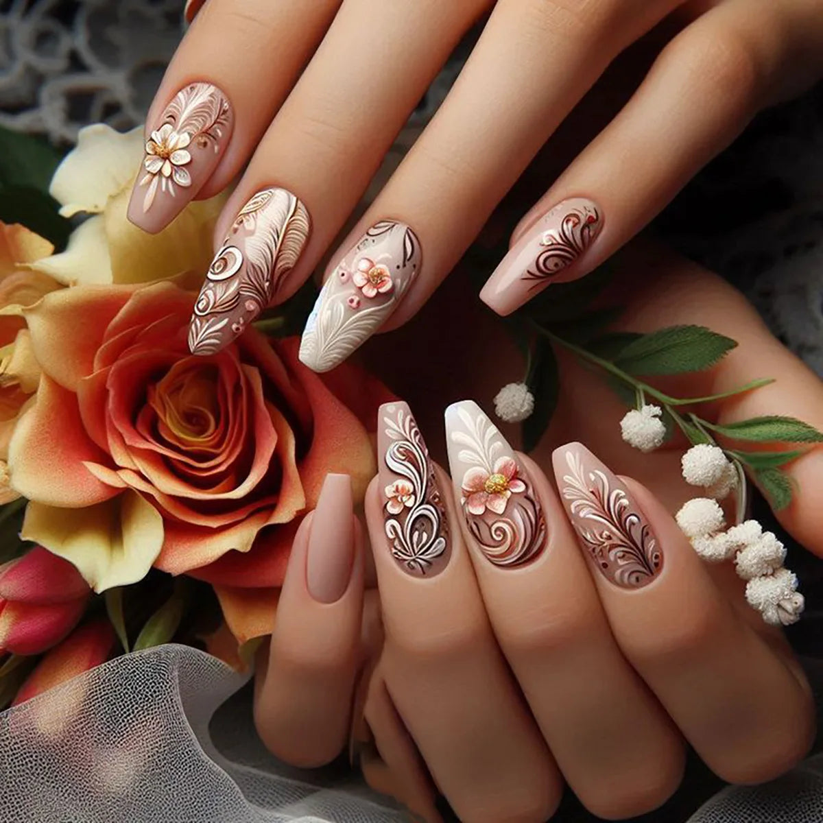 24pcs/set Short Medium long fake nails for women girls Spring summer flowers butterfly flamingo blue pink press on false nails 2047