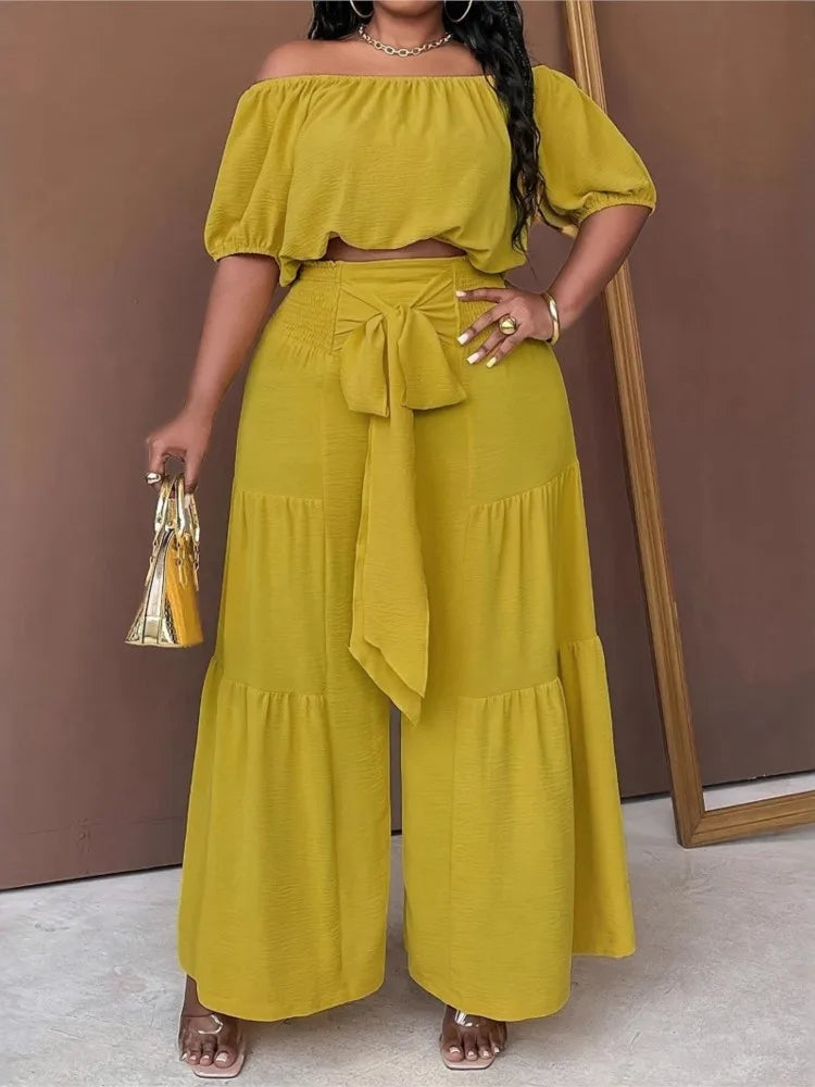 Plus Size Summer 2 Two Piece Set Women Casual Fashion Ladies Cropped Blouses Wide Leg Loose Pleated Woman Long Pant