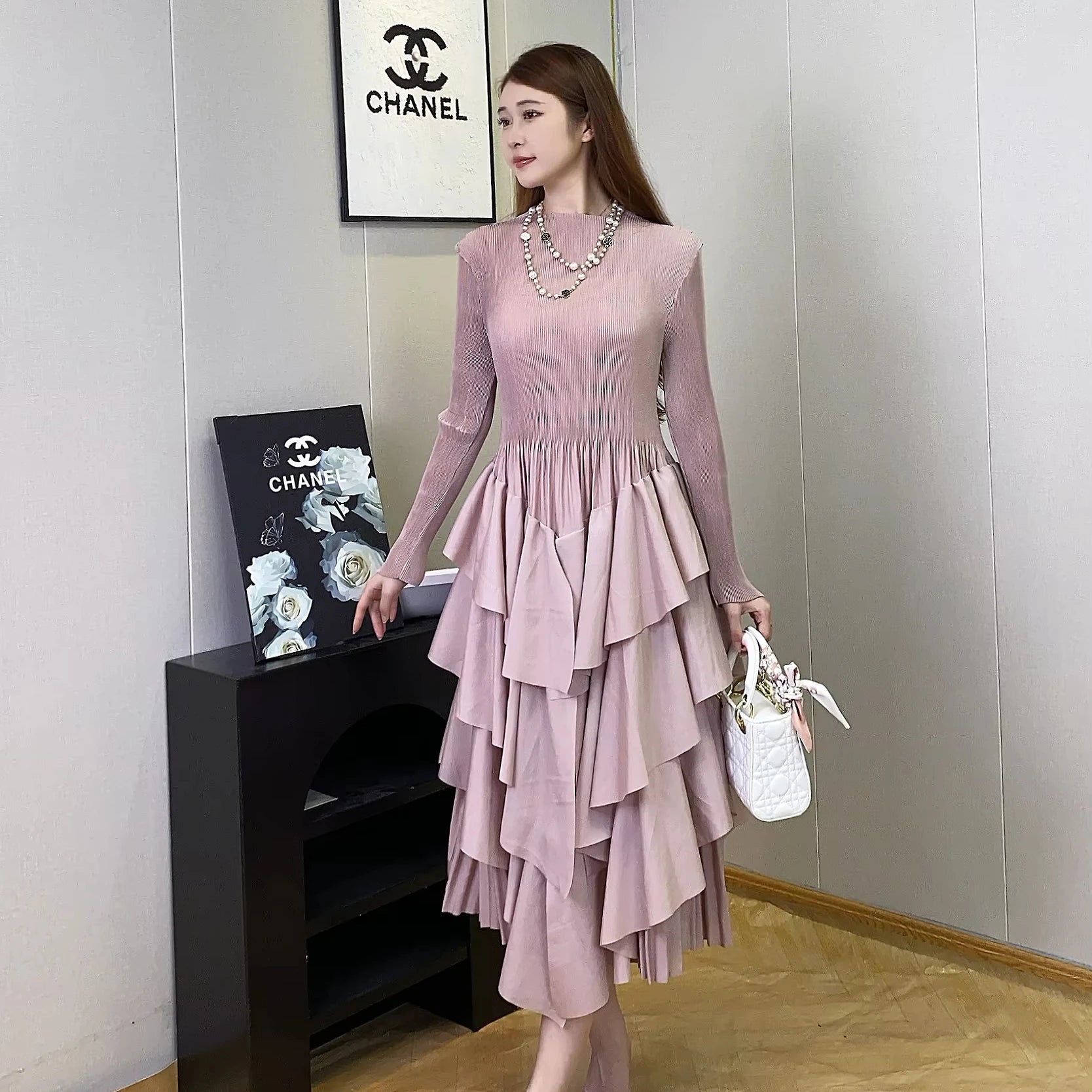2024 Hot Selling Ladies Casual Pleated Stretch Loose Round Neck Long Sleeve Pleated Cake Dress Pink One Size