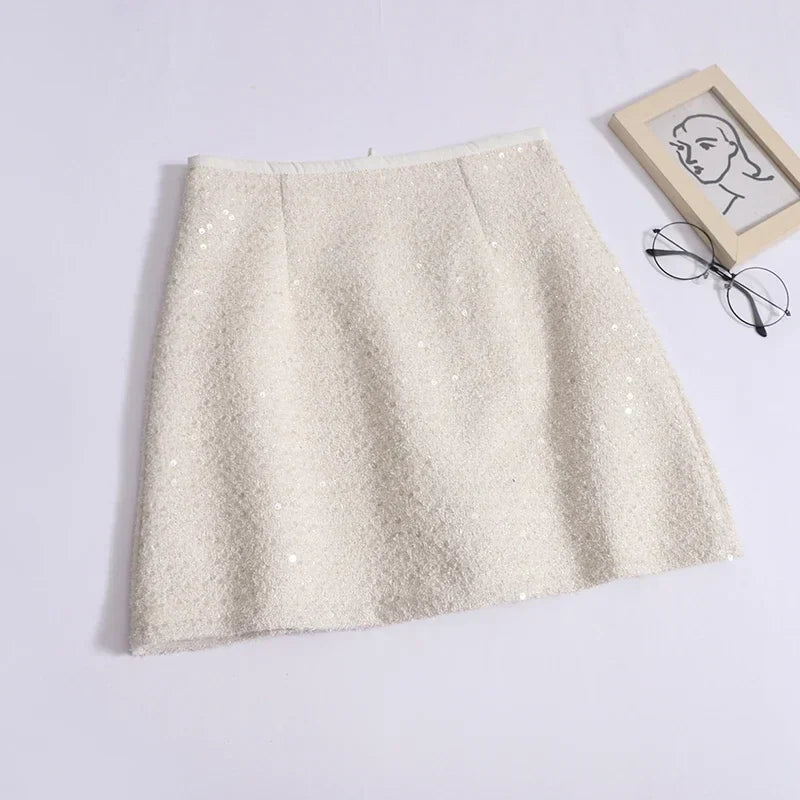 ABRINI Women Office High Waist A-line Tweed Skirt Party Mini Slim Skirt Chic Shiny Slim Skirts For Women Spring Summer APRICOT