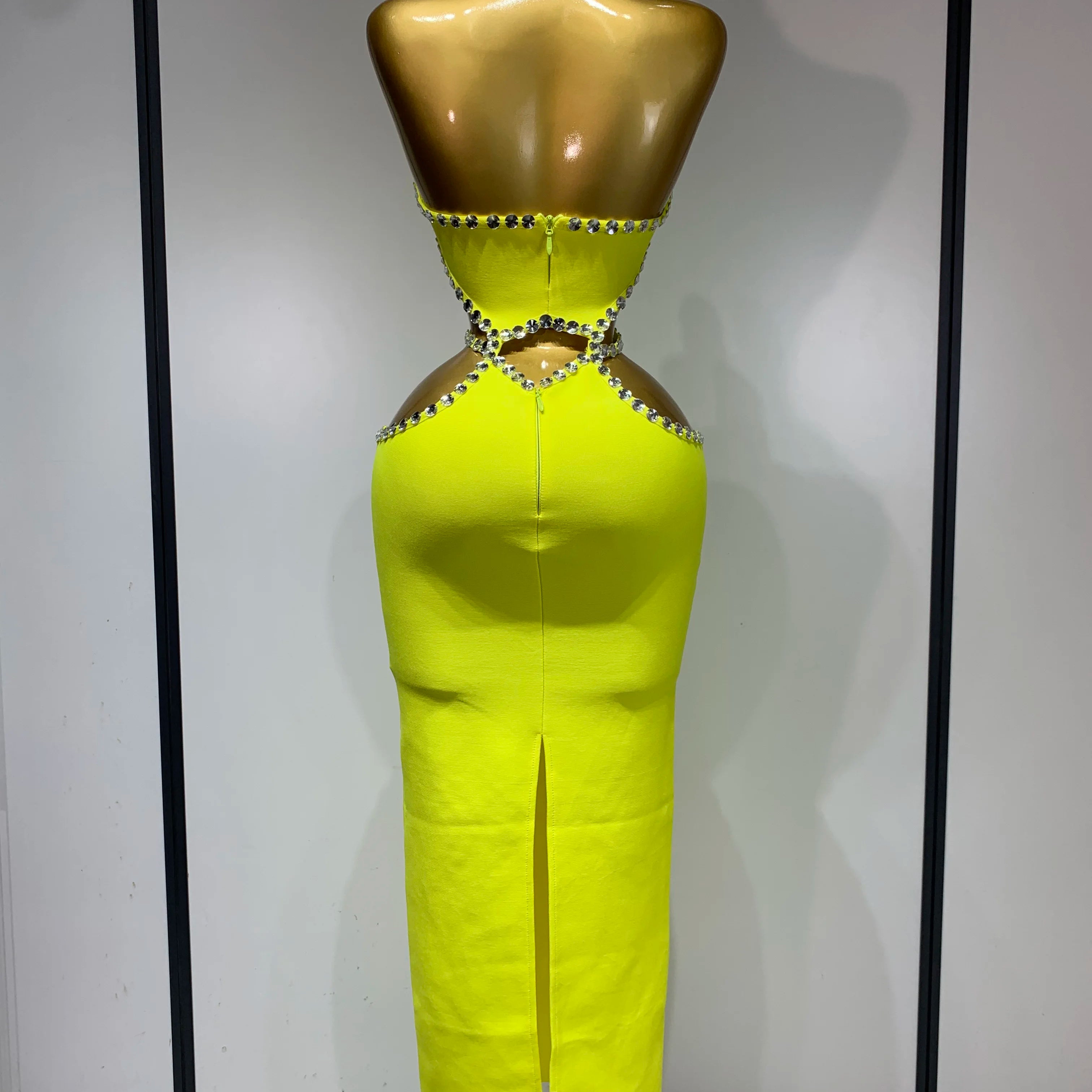 Women Luxury Sexy Backless Halter Beading Maxi Long Lemon Yellow Bandage Dress 2025 Elegant Evening Club Birthday Party Dress