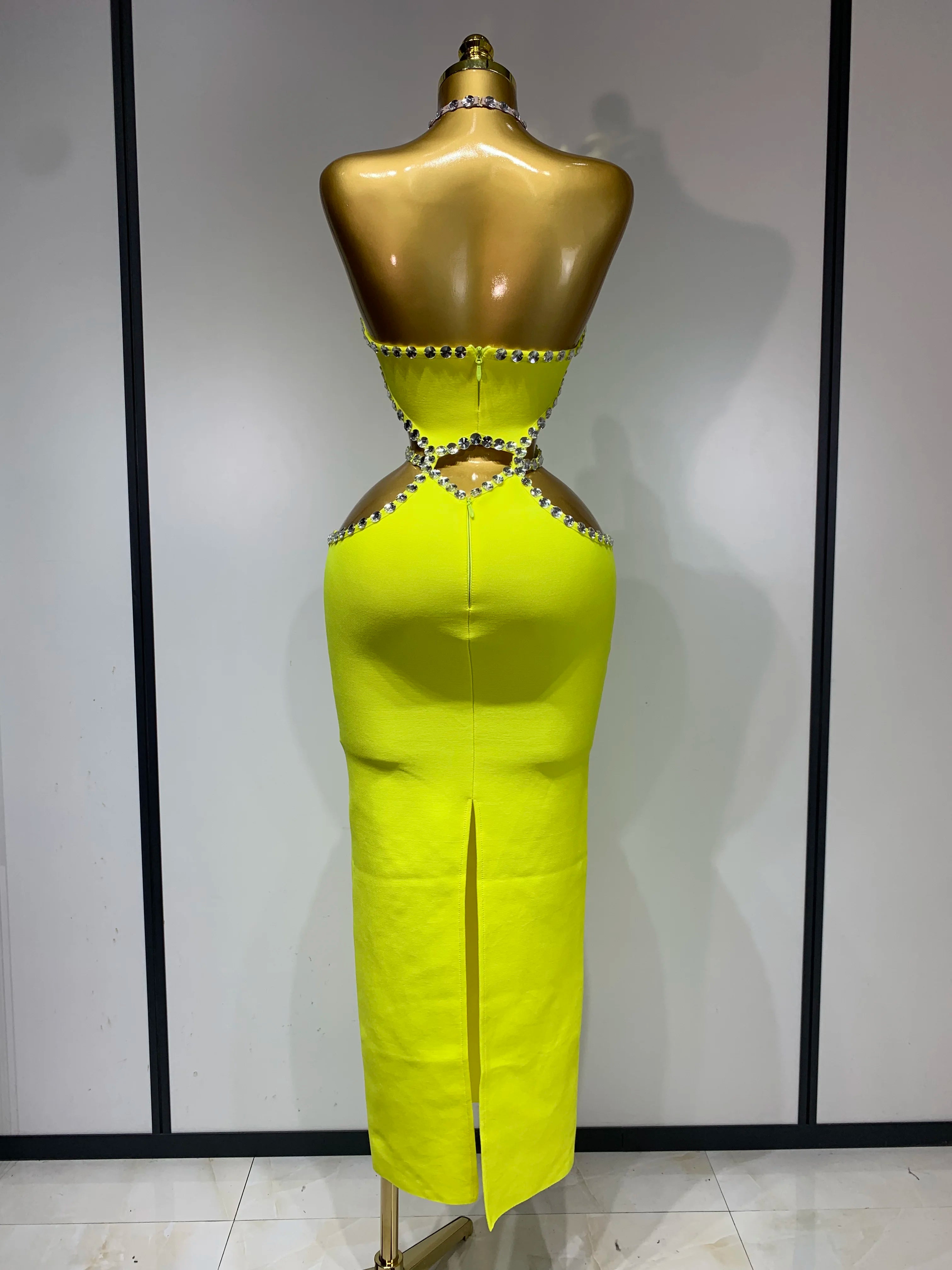 Women Luxury Sexy Backless Halter Beading Maxi Long Lemon Yellow Bandage Dress 2025 Elegant Evening Club Birthday Party Dress