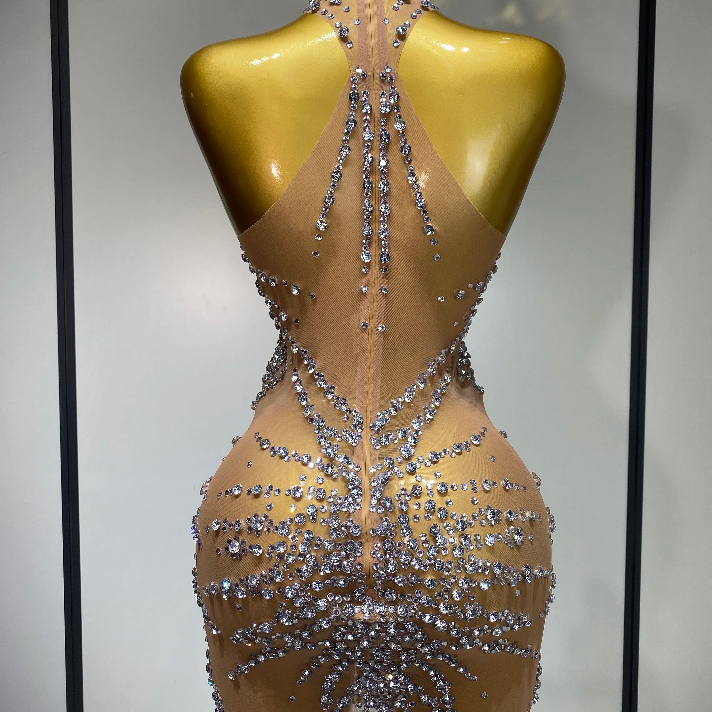 Luxury Rhinestones Mesh Transparent Prom Mini Dress Shinny Women Birthday Celebrate Party Prom Nightclub Outfit Stage Costume