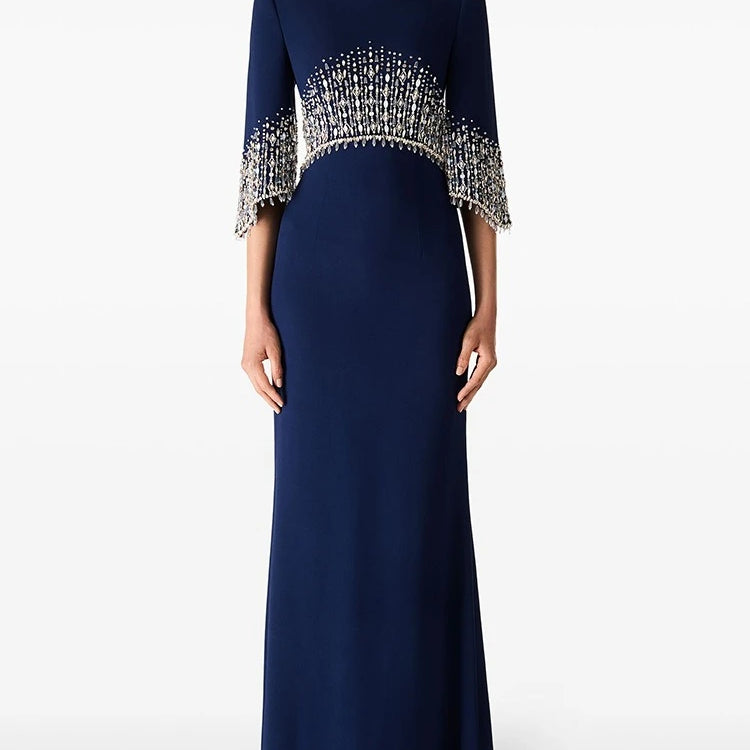 Slimming Elegant Midi Dresses for Women Round Neck Half Sleeves Patchwork Bead Luxurious Dress Female Clothing New