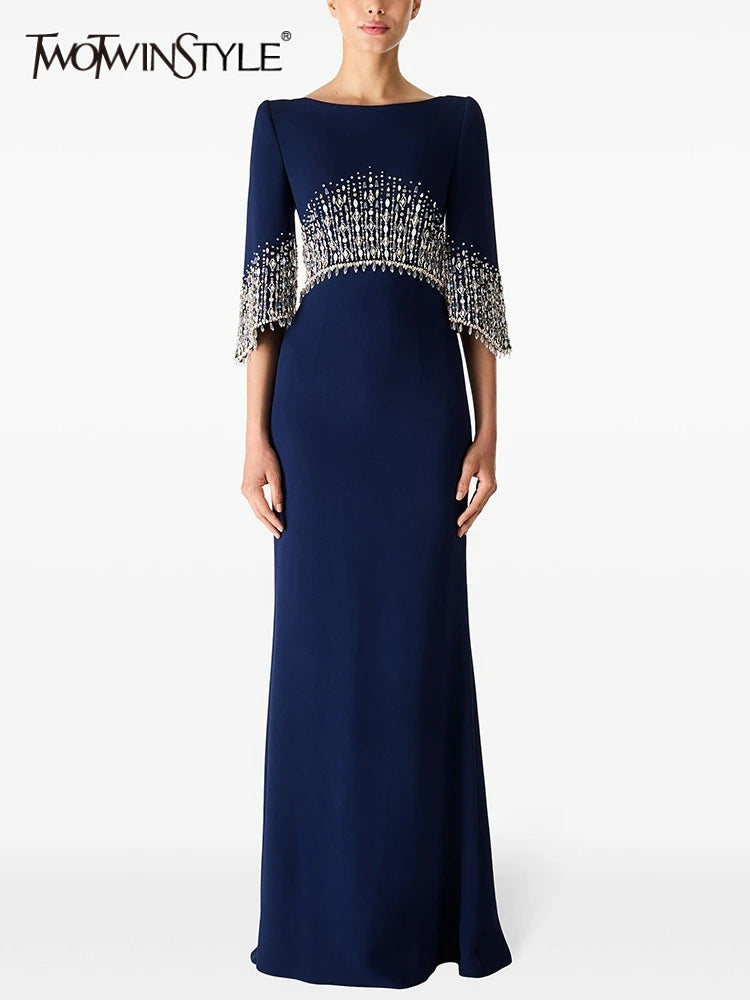 Slimming Elegant Midi Dresses for Women Round Neck Half Sleeves Patchwork Bead Luxurious Dress Female Clothing New