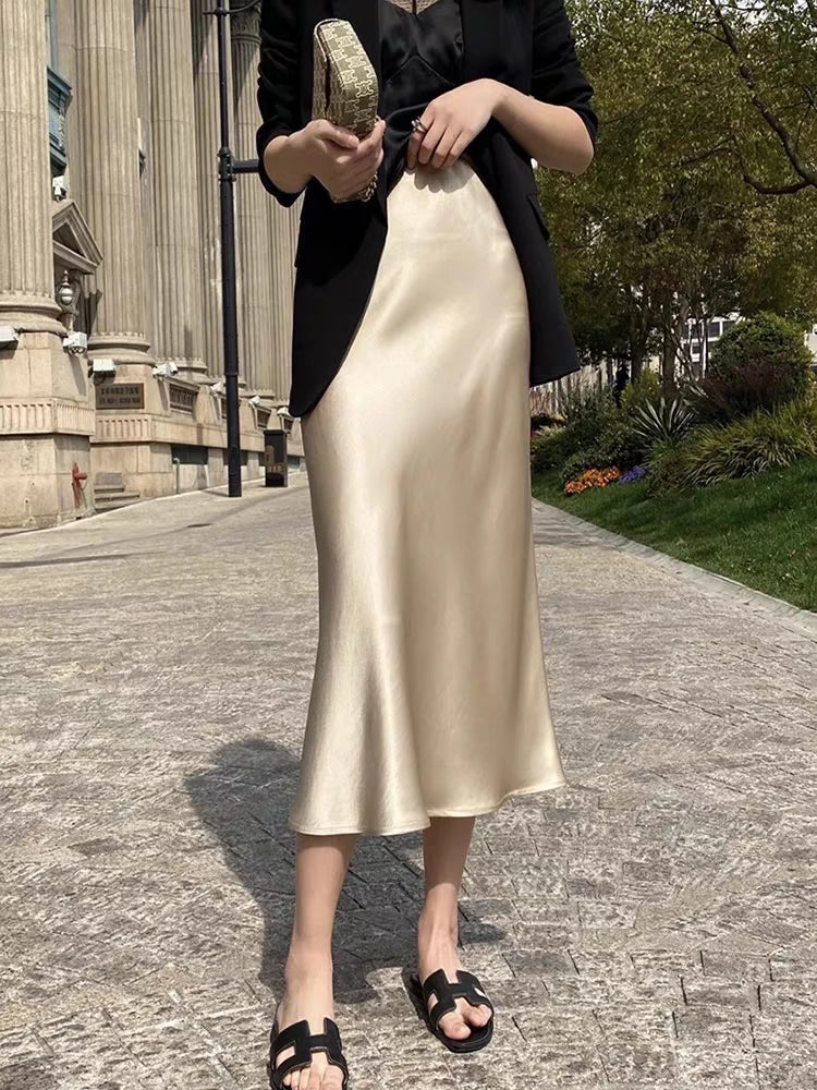 Silk Satin Skirts for Women Korean Style Champagne Office High Waist A-line Skirt Fashion Elegant Solid Long Pencil Skirt 2024 Champagne