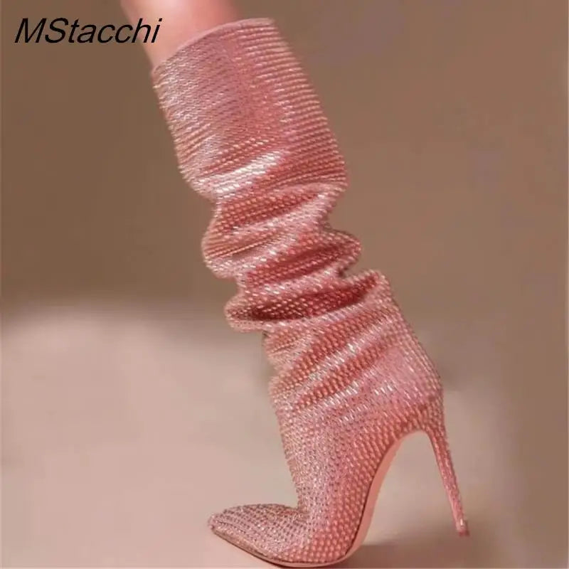 Rhinestone Women's High Boots Pointed Toe Slip-on Long Boots Women Boots High Heels Sexy Stiletto Ladies Party Shoes 2024 New