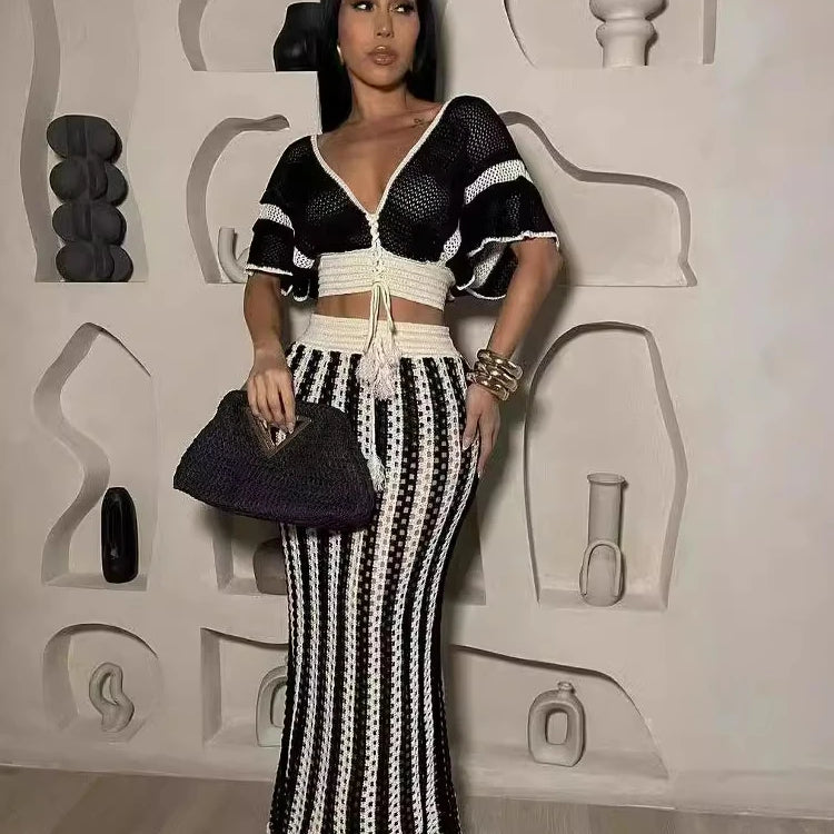 CM.YAYA Women's Set Short Sleeve V-neck Top + Long Skirts Suit Summer Knitted Hollow Out Streetwear Beach Sexy Two 2 Piece Sets