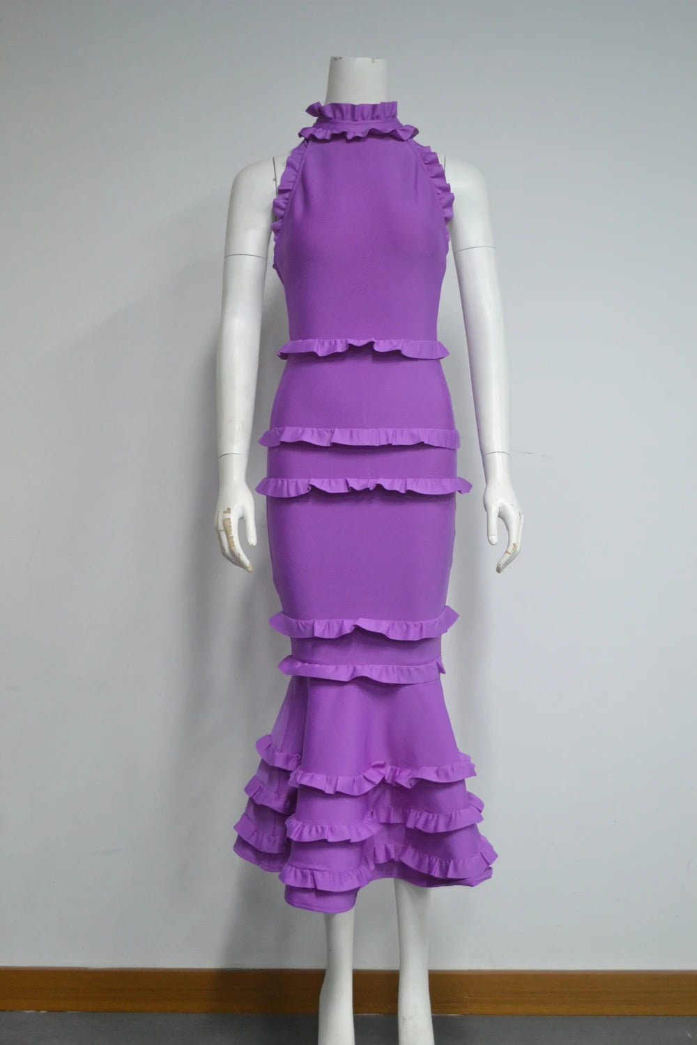 5 Colors Women Sexy Off the Shoulder Ruffles Bodycon Bandage Mermaid Dress Celebrate Evening Party Birthday Outfit Wear PURPLE