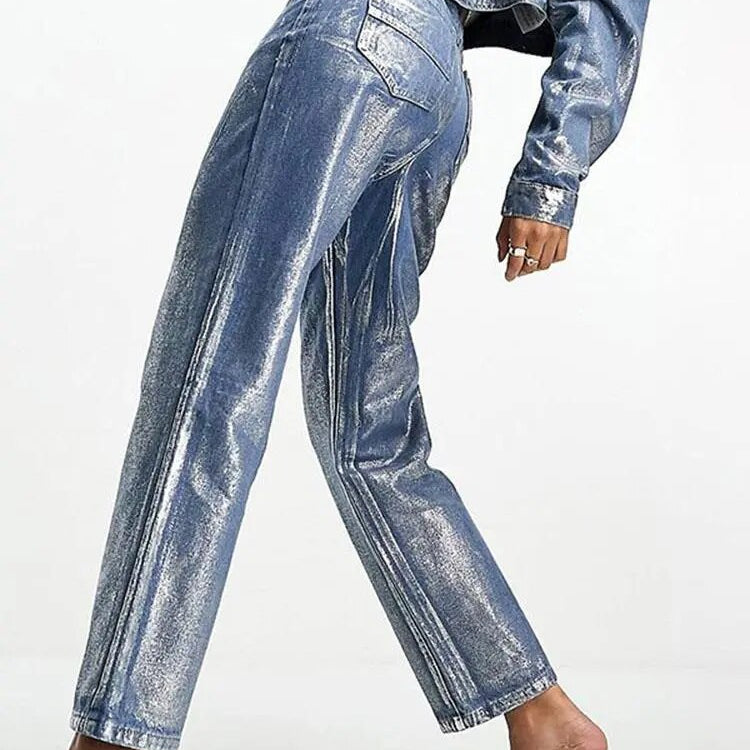 ZHYMIHRET Gold Stamping Straight Jeans For Women 2024 Autumn Winter Metallic Denim High Waist Pants Streetwear Y2K Clothing