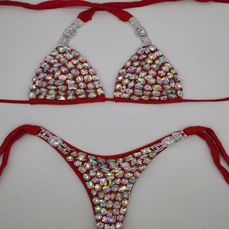 Sexy Push Up Triangle Bikini Luxury Crystal Diamond Women's Swimsuit Straps Lace-Up Rhinestone Swimwear Red