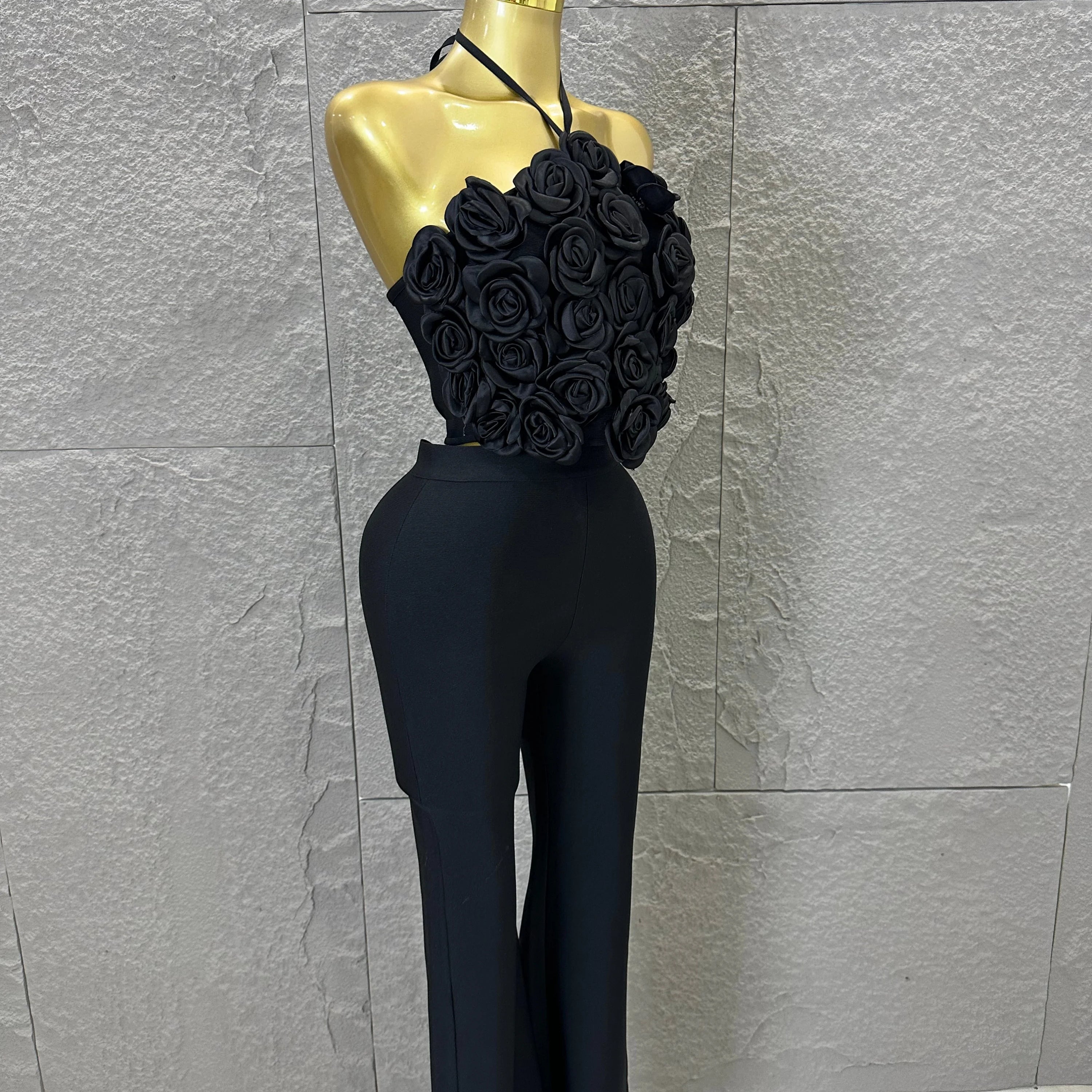 Elegant Two Piece Set Women Halter 3D Flower Crop Top High Waist Flare Pants Bandage Suit Party Casual Formal Wear