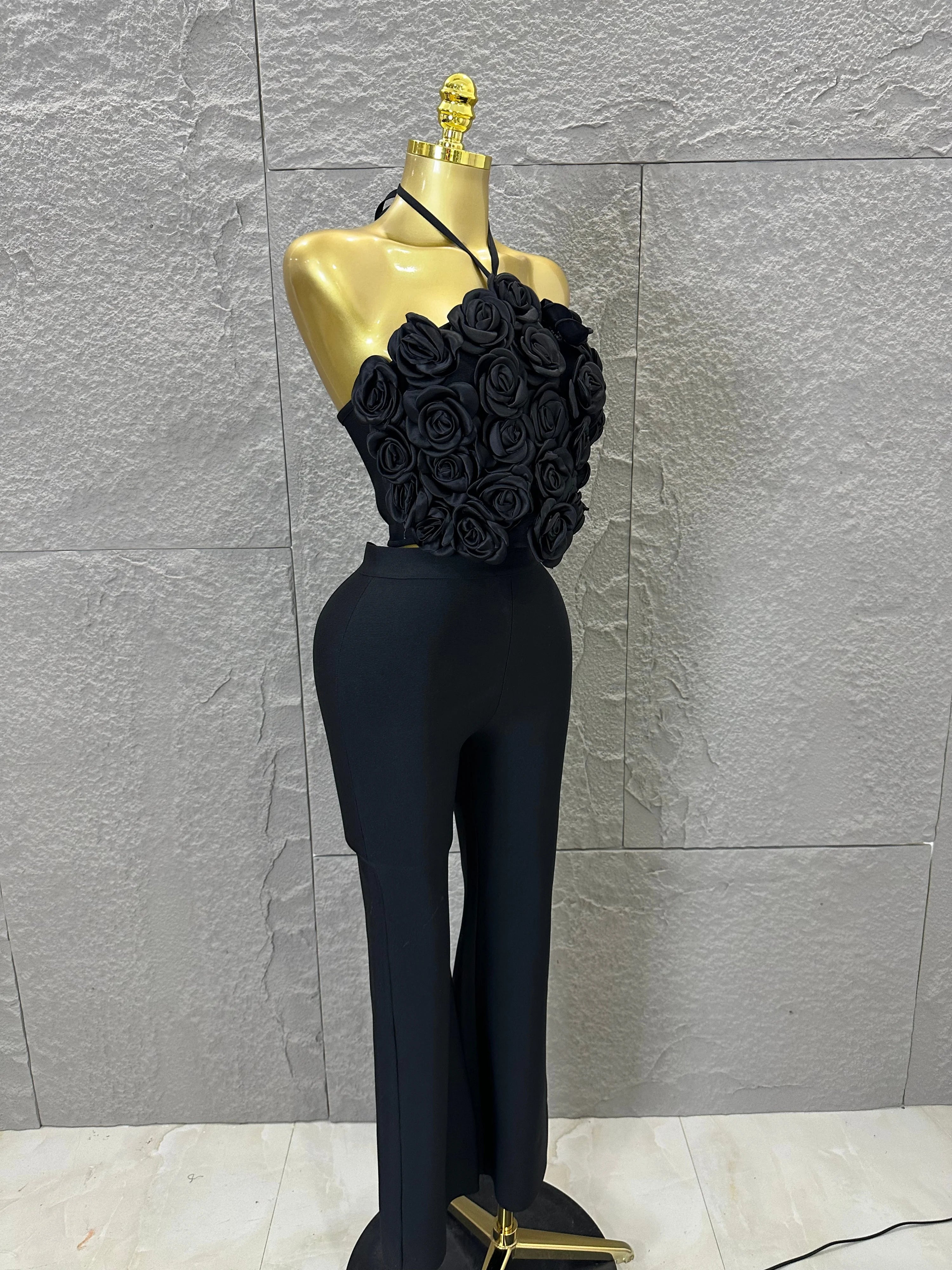 Elegant Two Piece Set Women Halter 3D Flower Crop Top High Waist Flare Pants Bandage Suit Party Casual Formal Wear