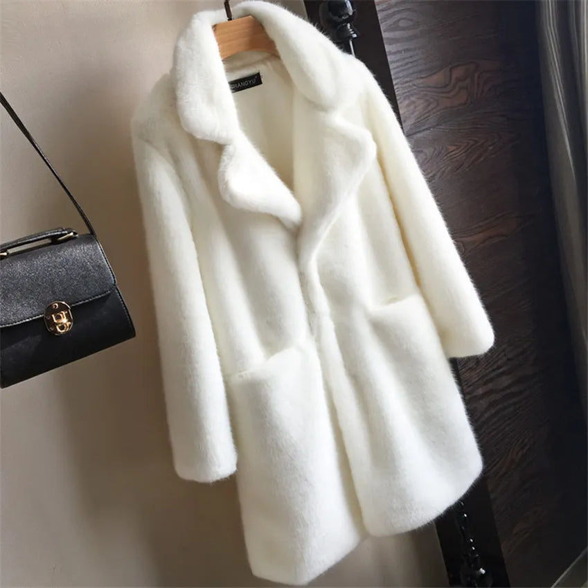 Women Mink Faux Fur Coat Solid Female Turn Down Collar Winter Warm Fake Fur Lady Coat Casual Jacket White