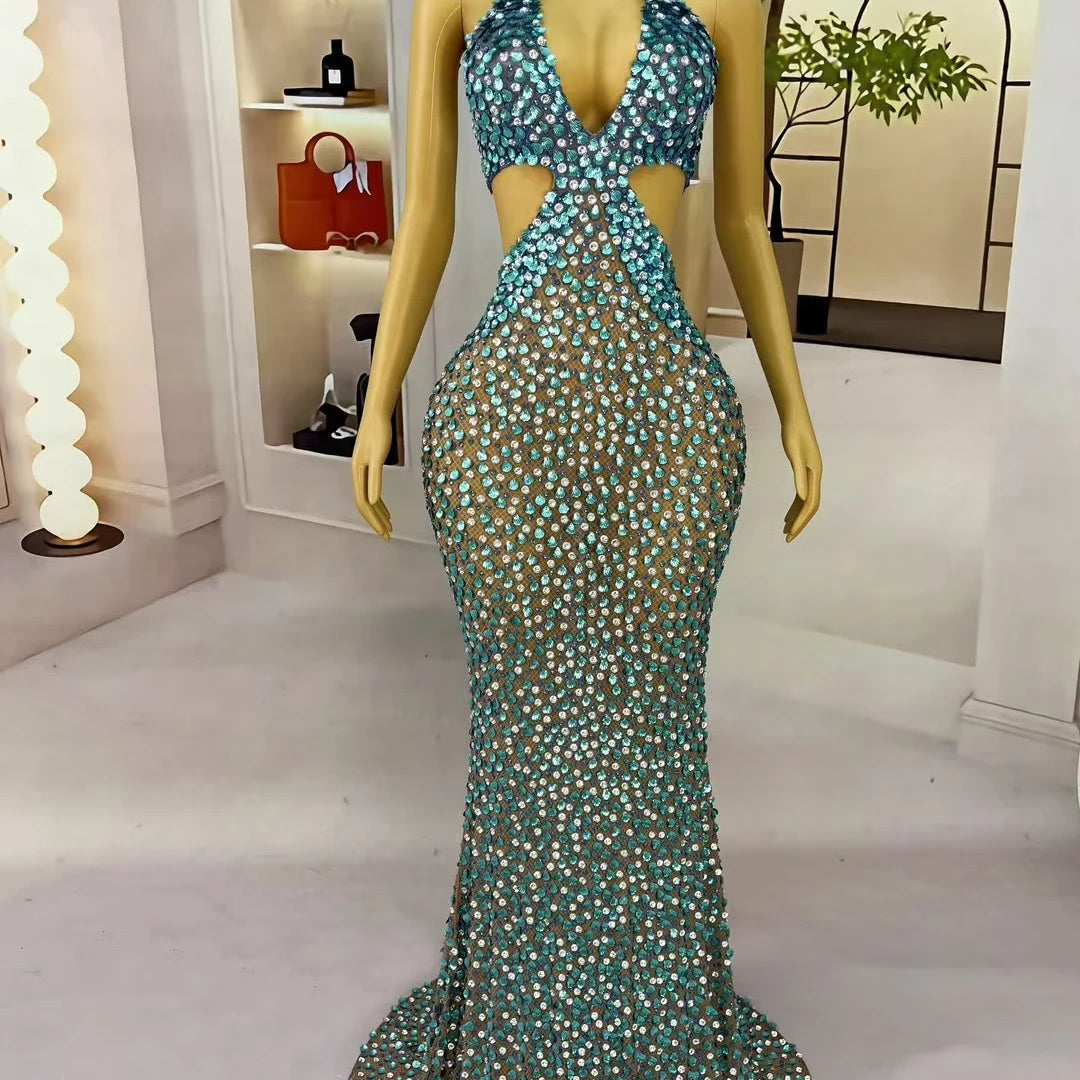 New Mermaid Blue Maxi Dress Shell Sequins Rhinestone Evening Gown for Women Luxury Ball Dress Deep V Neck Mesh Dress Beiduofen