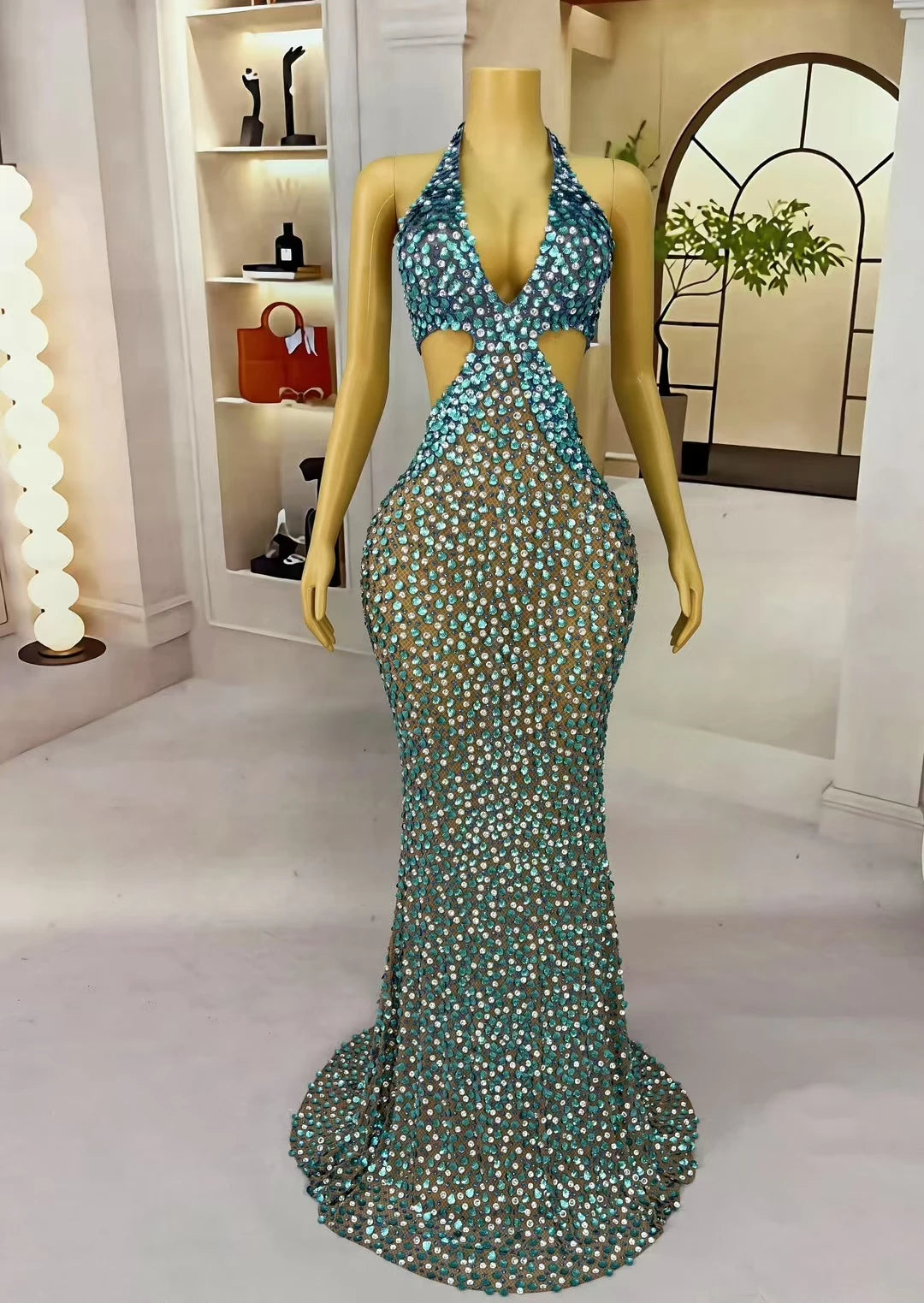 New Mermaid Blue Maxi Dress Shell Sequins Rhinestone Evening Gown for Women Luxury Ball Dress Deep V Neck Mesh Dress Beiduofen