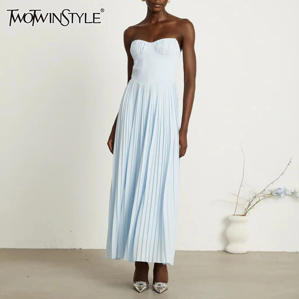 Solid Slimming Elegant Midi Dresses for Women Strapless Sleeveless Patchwork Fold Dress Female Temperament Clothing