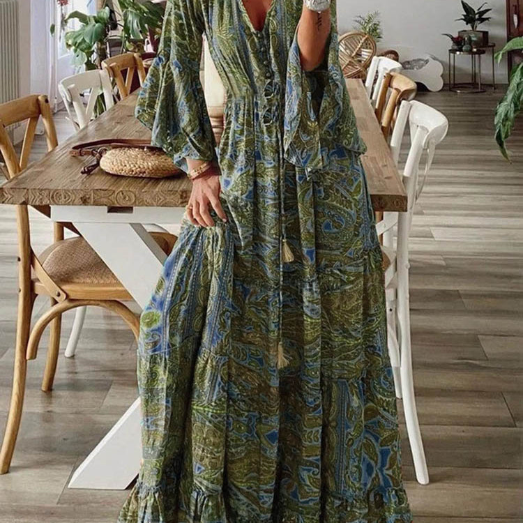 Women Vintage Print Long Dress 2024 Summer Sexy V Neck Short Sleeve A-line Dress Female Elegant Elastic Waist Maxi Dresess Robe EA08432-Green