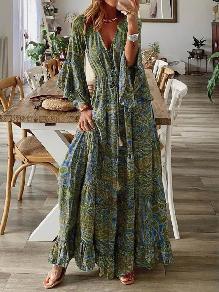 Women Vintage Print Long Dress 2024 Summer Sexy V Neck Short Sleeve A-line Dress Female Elegant Elastic Waist Maxi Dresess Robe EA08432-Green