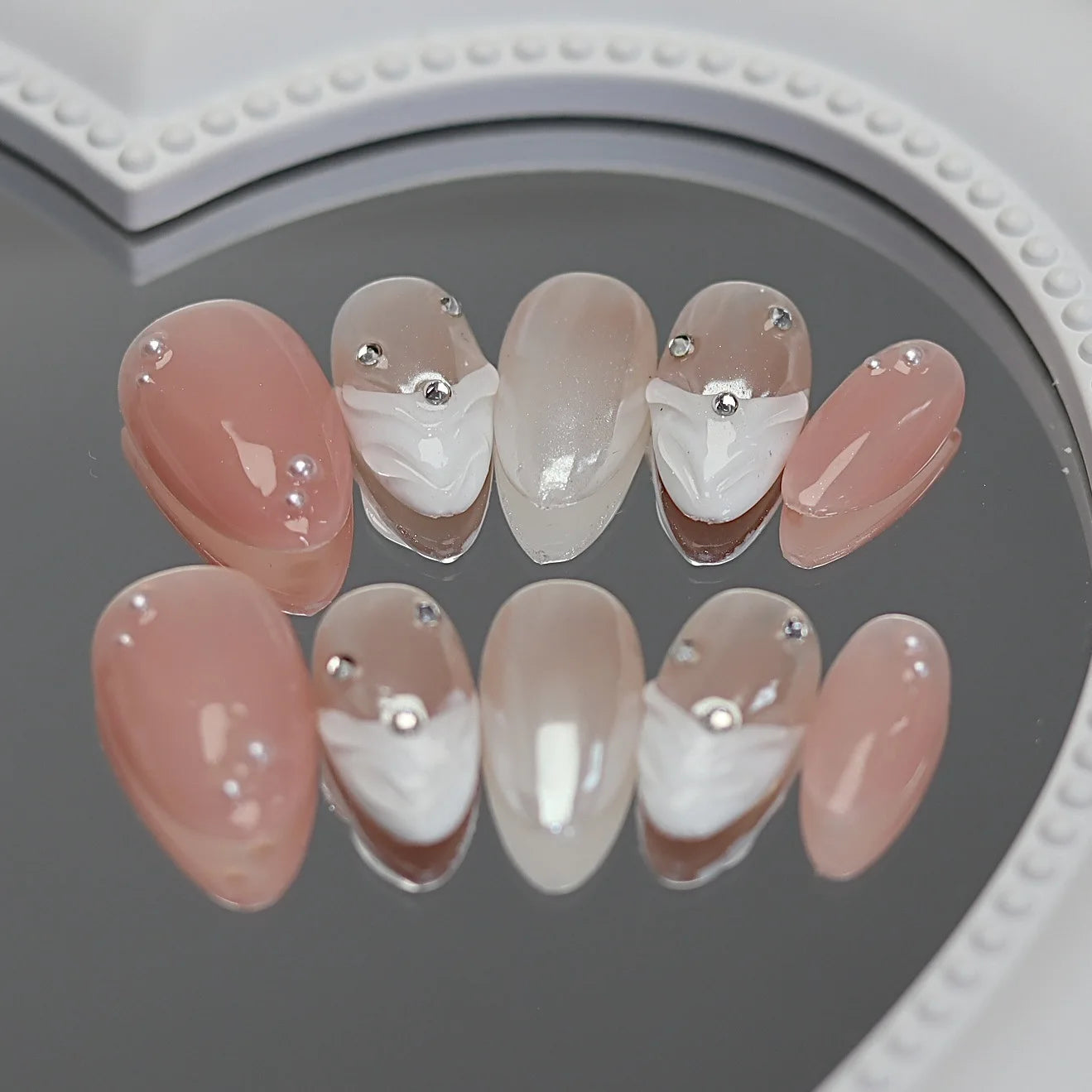 10Pcs Sweet Dreamy Almond Nails Press Ons Aurora Pink False Nails with Glue 3D Wave French Full Cover Acrylic Nail Manicure Tips 3 M