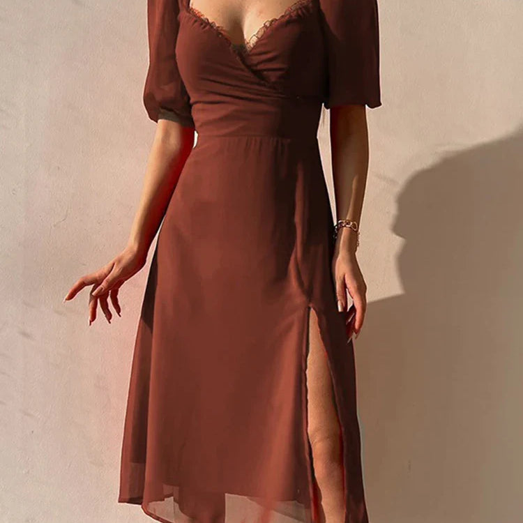 European and American fashion temperament women's clothing summer French low cut mid length slit dress for women