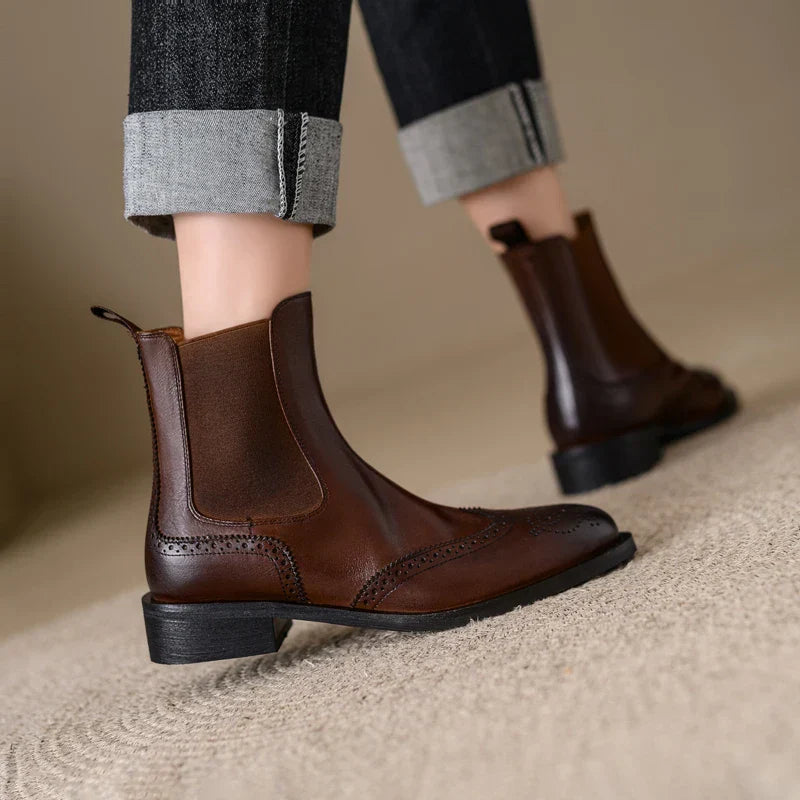 New Autumn Genuine Leather Women Boots Round Toe Ankle Boots for Women Chunky Heels Block Winter Boots Chelsea Boots brown