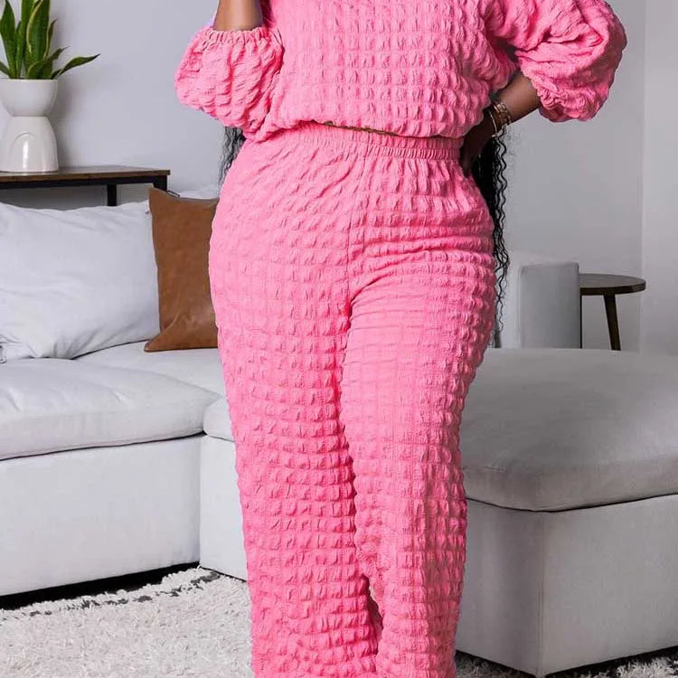Curvy Plus Size Woman Clothing Fall Winter Long Sleeve 2 Piece Outfit Set Bubble Waffle Pleated Top and Pants Sets Elegant Suit Pink