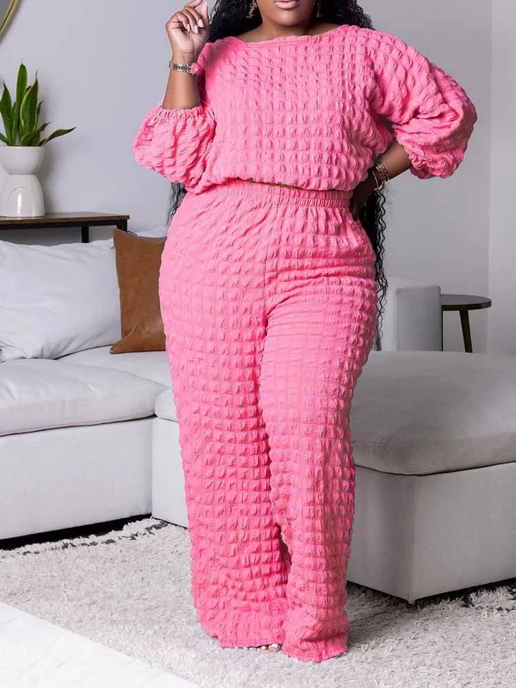Curvy Plus Size Woman Clothing Fall Winter Long Sleeve 2 Piece Outfit Set Bubble Waffle Pleated Top and Pants Sets Elegant Suit Pink