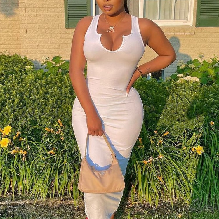 Sifreyr Ribbed V Neck Tank Long Dress Women Solid Sleeveless Bodycon Maxi Dress Sexy Streetwear Party Club Outfits Slim Sundress
