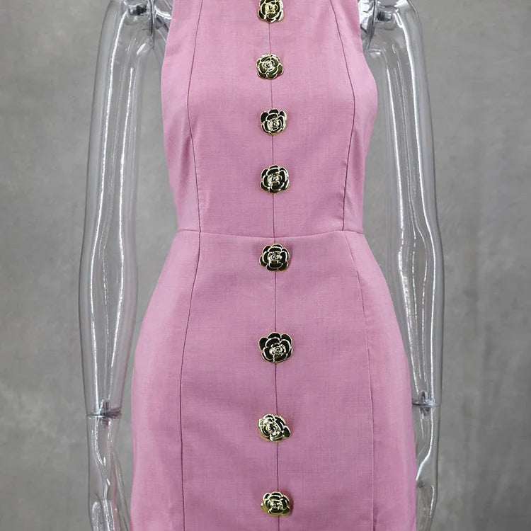 ByeMyLove Off Shoulder Party Dress Women Backless Halter Elegant Fashion Button Backless Sleeveless Mini Summer Dress Slim Solid Pink