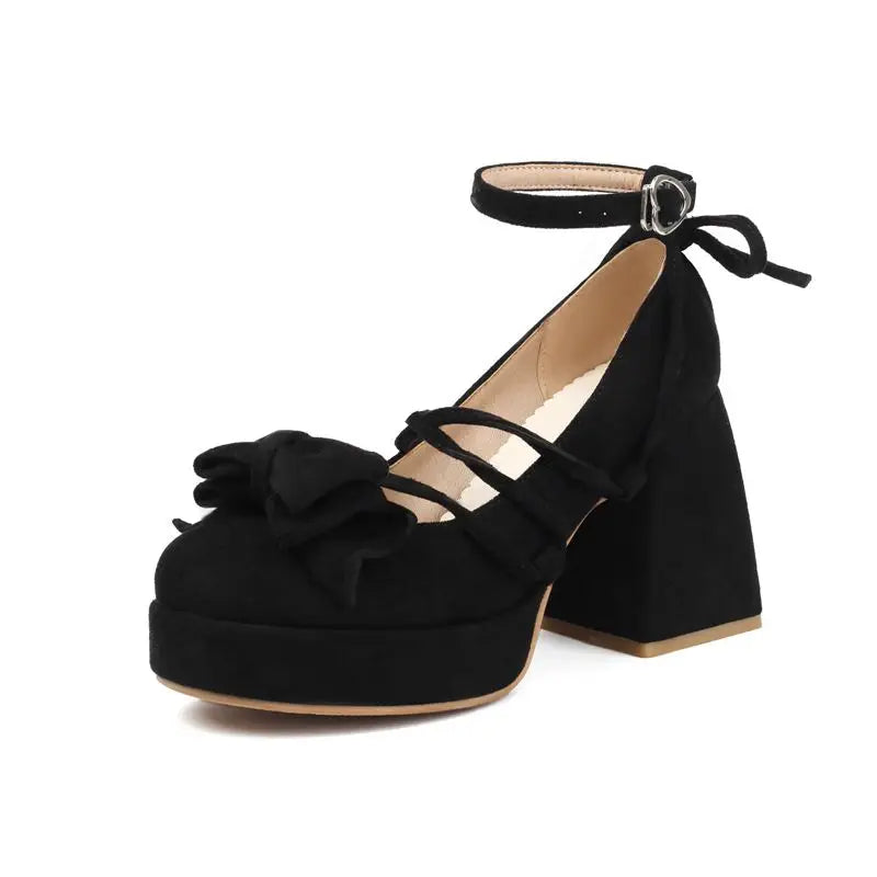 SIMLOVEYO Lolita Women Pumps 32 33 Round Toe Chunky High Heels 9cm Platform Bowknot Ankle Strap Big Size 44 45 Sweet Shoes Black