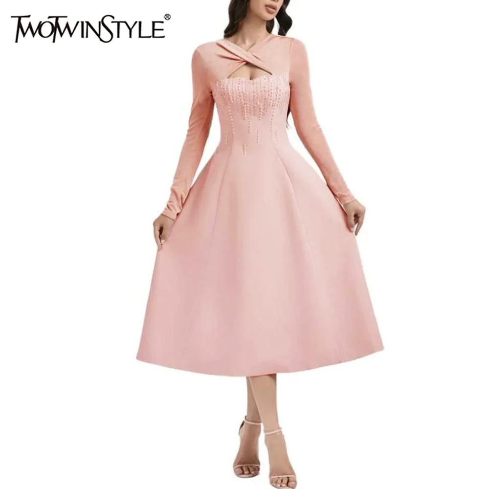 Solid Slimming Bead Elegant Dresses for Women Round Neck Long Sleeve Hollow Out Temperament Dress Female Clothing