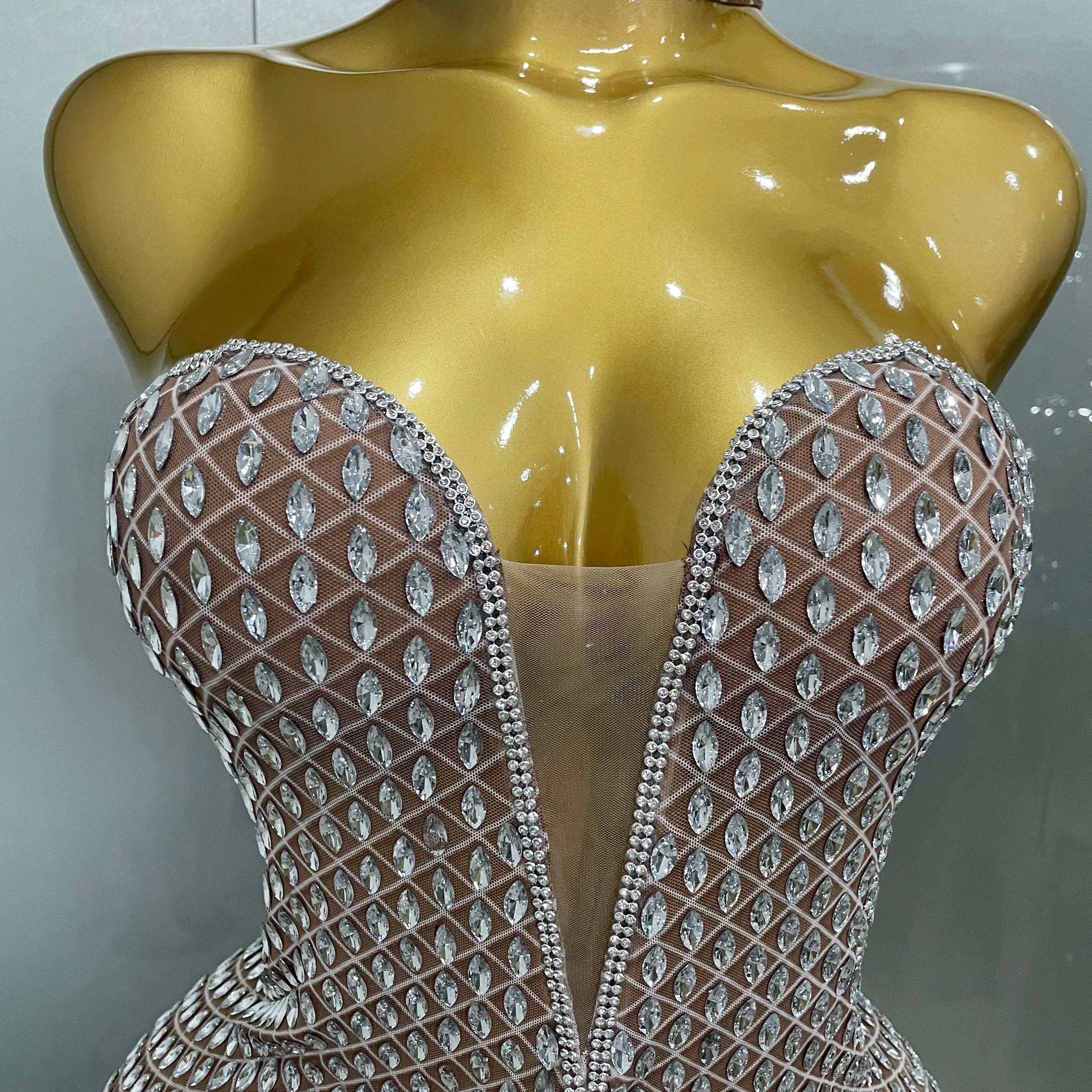 2025 Luxurious Full Rhinestones Mesh Transparent long dress Women Birthday Celebrate Evening Prom Dress party Club Stage Costume