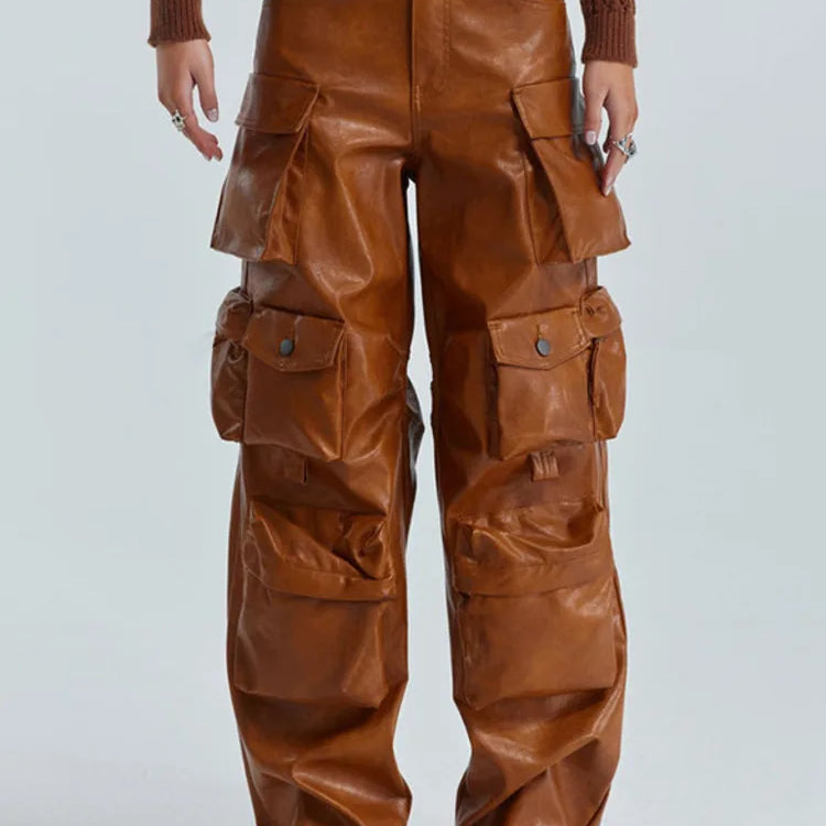 DEAT Multi Pocket Design Vintage PU Leather Pants For Women High Waist Single Button Cargo Trousers Autumn Female 11XX5286