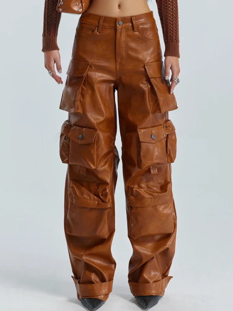 DEAT Multi Pocket Design Vintage PU Leather Pants For Women High Waist Single Button Cargo Trousers Autumn Female 11XX5286