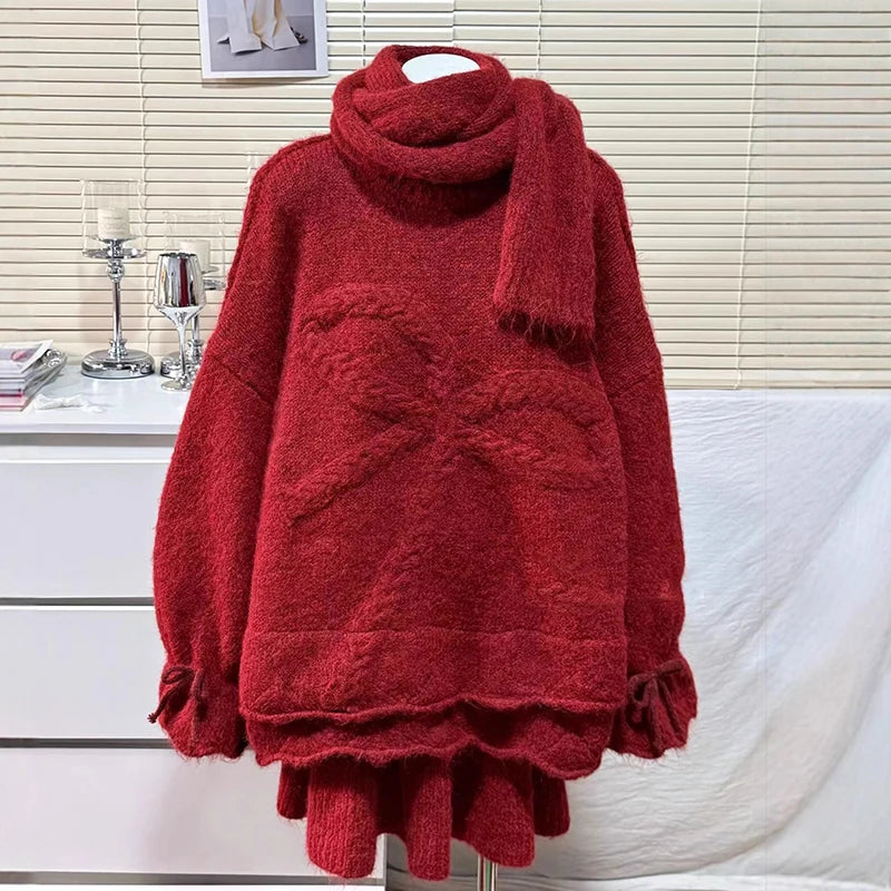 Autumn Winter New Style Scarf Bow Sweater Pullover Solid Color Knitted Skirt Three-Piece Set Set For Women 11A07911 Red One Size