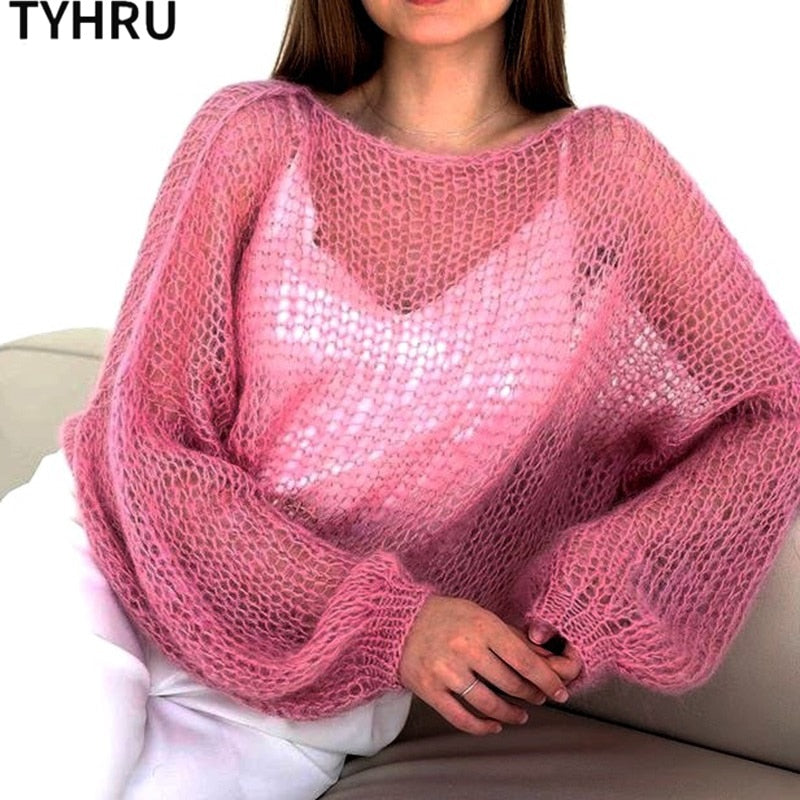 TYHRU Women's Knitted Sweaters Lady Hollow out Mesh Thin Pullover See Through Look Lantern Sleeve Loose Tops Smock Pink