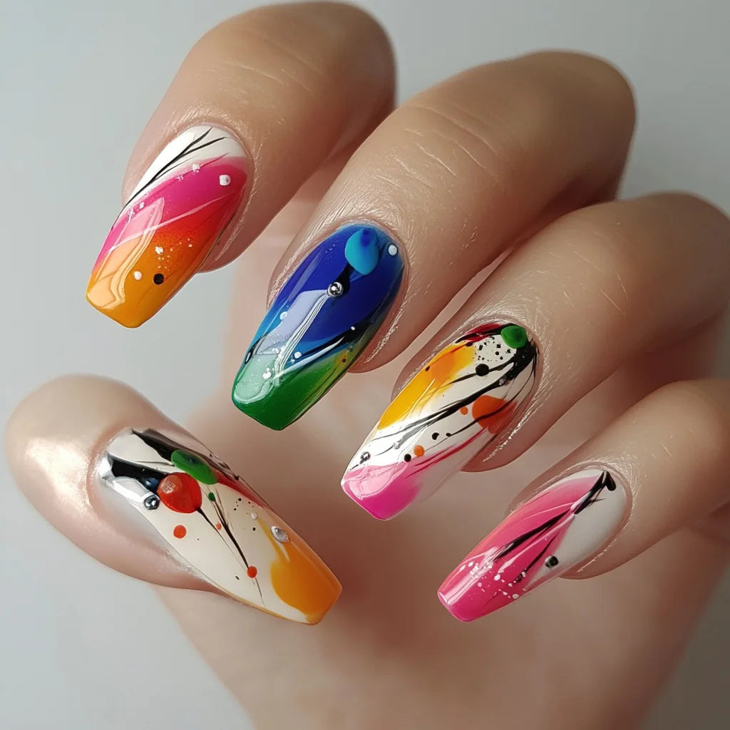 24Pcs Short Square Glossy Press on False Nails with Dreamy Gradient Colorful Firework Fake Nails Removable Full Cover Nail Tips 5