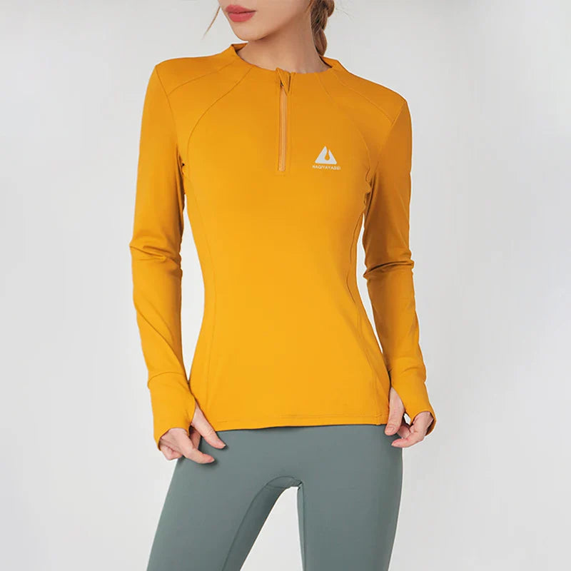 Round neck sports coat women tight fitness top running long-sleeved quick dry Slim zipper yoga clothing fall and winter Yellow Top