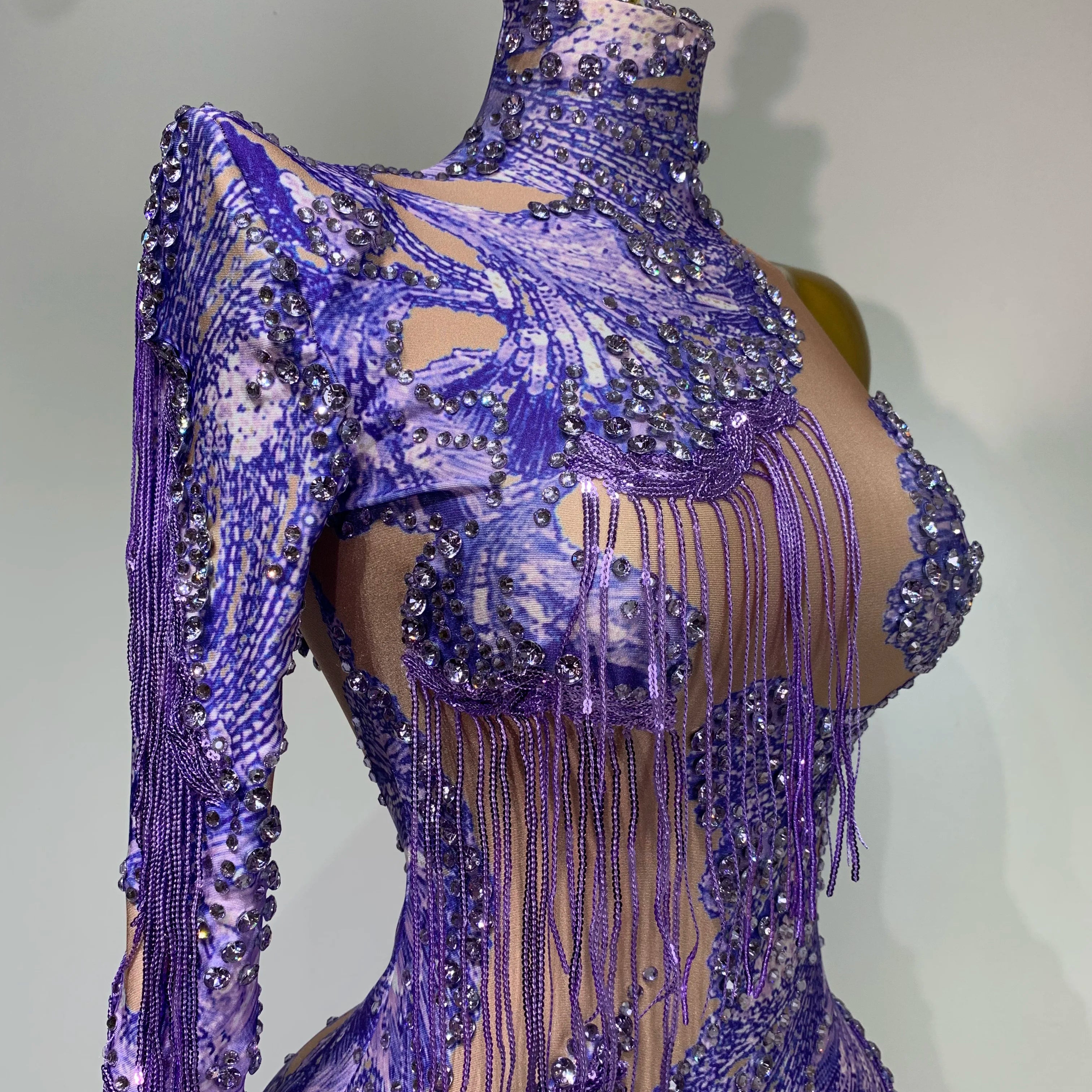Sexy Sparkly Purple Rhinestones Tassel One Shoulder Sleeve Mini Dress Evening Party Birthday Nightclub Stage Performance Outfit