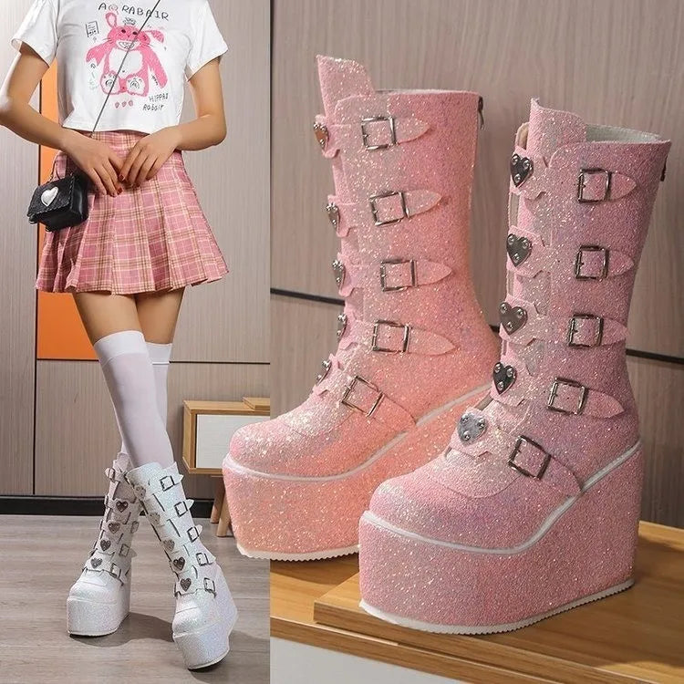 Punk Women Sequin Boots Ladies Cosplay High Boots Comfort Long Tube Boots Pink Platform High Wedges Women Shoes Gothic Boots