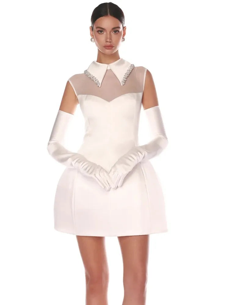 Luxury Women Celebrity Sexy Tank White Pearl Diamonds A Line White Mini Bodycon Dress Elegant Evening Club Party Dress WHITE