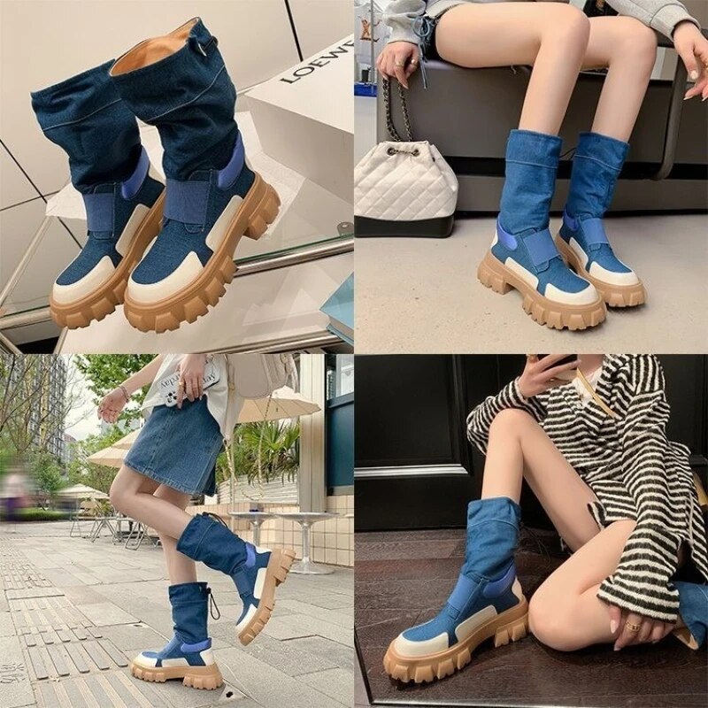 Women Cowboy Boots Platform Boots Women High Top Designer Women's Shoes Sports New Fall Winter 2024 Fashion Ankle Boots Jeans