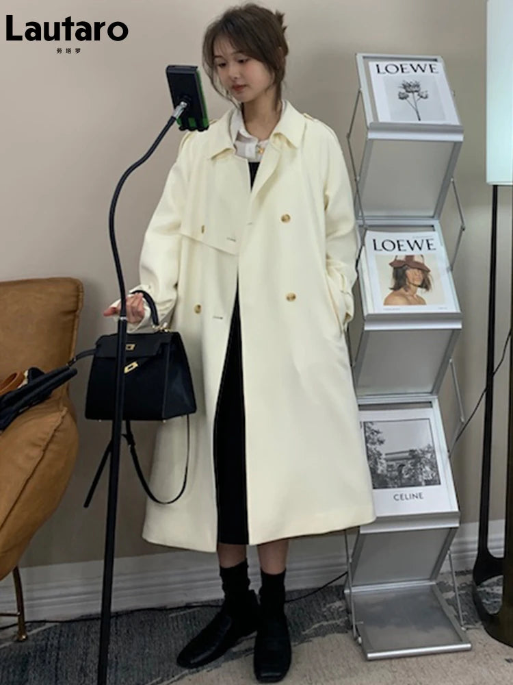 Lautaro Spring Autumn Long Trench Coat for Women Raglan Sleeve Double Breasted Elegant Stylish Chic Luxury Designer Clothes 2025