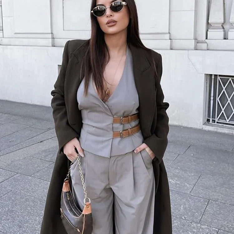 Fashion Leather Belts V-neck Halter Vest Women Elegant Sleeveless Backless Female Tanks Y2k Spring Summer Lady Waistcoat