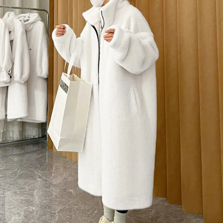 Winter Long Oversized Blue White Black Fluffy Thick Warm Faux Fur Coat Women Zip Up Runway Designer Korean Fashion 2022 Milk white