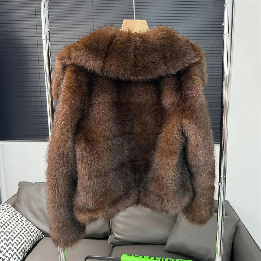 Brown Women Faux Sable Fur Jacket Oversized Lapel Long Sleeve Warm Fluffy Coats Winter Female Loose Streetwear Outwears