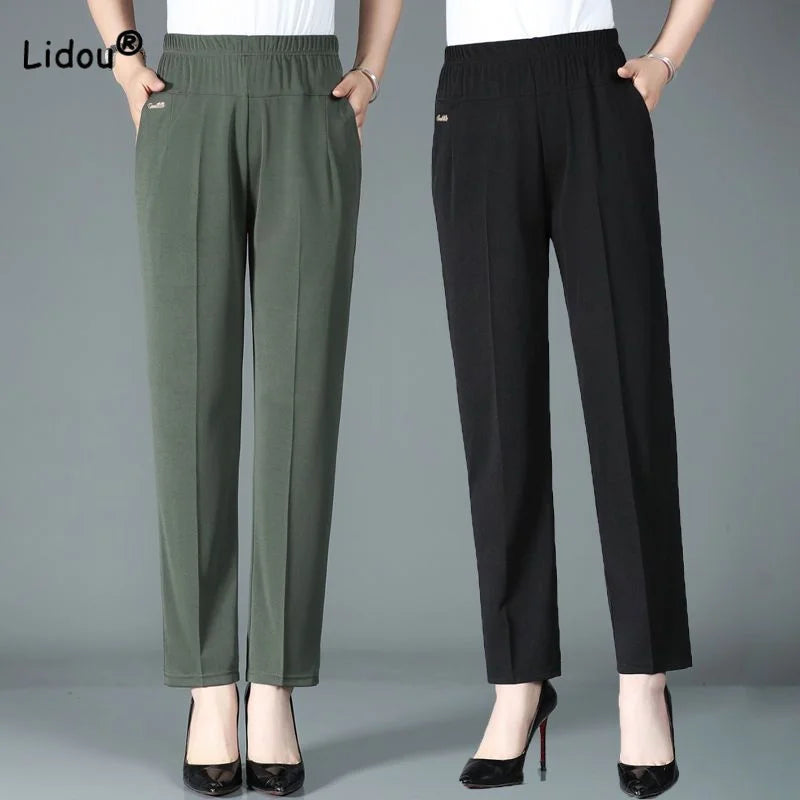 Summer Simplicity Commute Solid Color Straight Pants Women's Clothing Fashion All-match Elastic Waist Trousers for Female